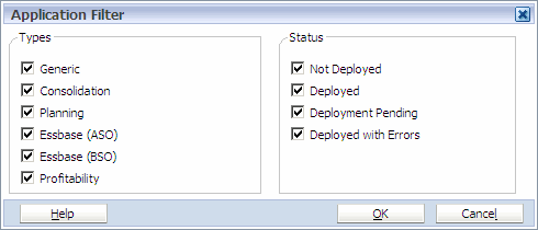 The Application Filter dialog box shows the types of applications, such as Planning or Consolidation and also the status, such as deployed.