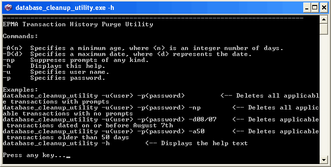 Database Cleanup Utility command prompt.