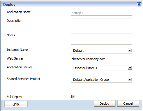 The Deploy dialog box displays information about the application to be deployed and enables you to enter any notes pertaining to the deployment, to select an Instance Name for the installation to which you will deploy the application, and to select whether you want to perform a Full Deploy. See the steps below for additional information.
