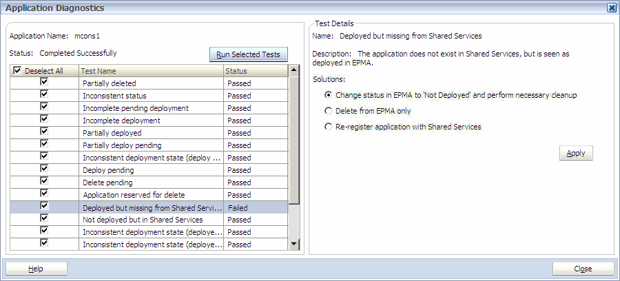 Application Diagnostics - Deployed but missing from Shared Services test failed.