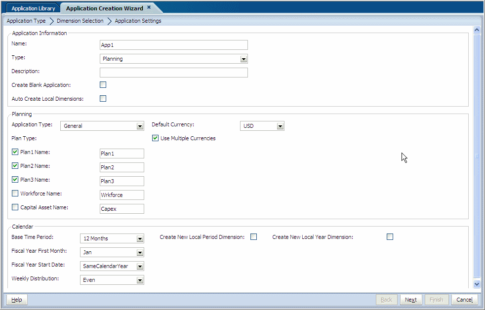 The first screen of the application wizard enables you to type the name and choose the type of application. In this example, applications have additional options, such as Application Type, Plan Types, and default currency.