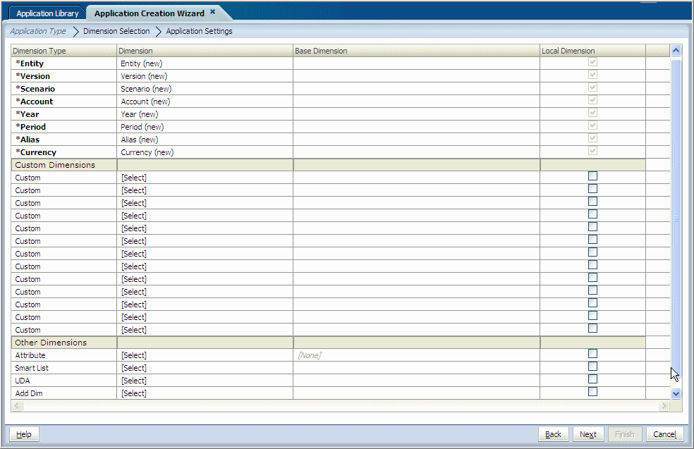 The Dimension Selection screen shows the dimension type, dimension, and base dimension in a row and column format.