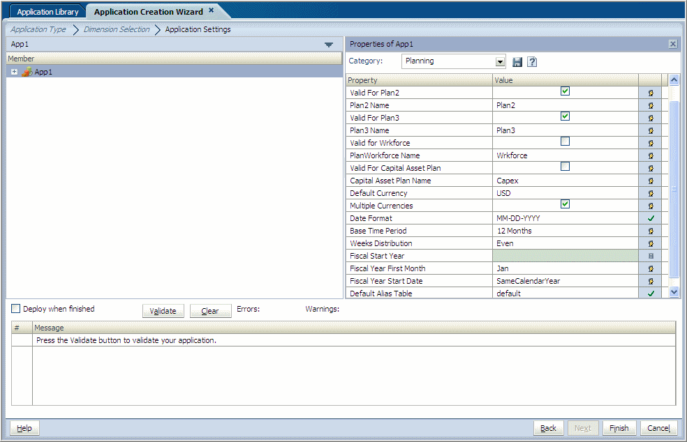 The Application Setting screen displays the dimensions, Property Grid, validation, and deployment options.
