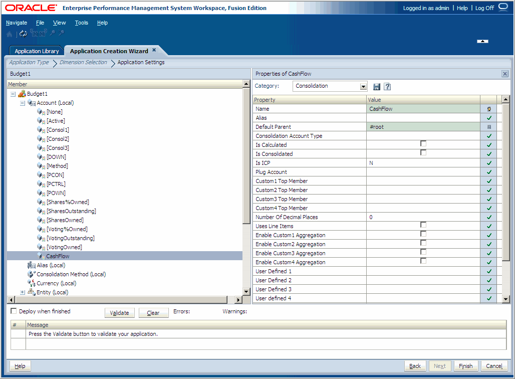 The application wizard shows the application dimensions and members on the left and the Property Grid on the right.