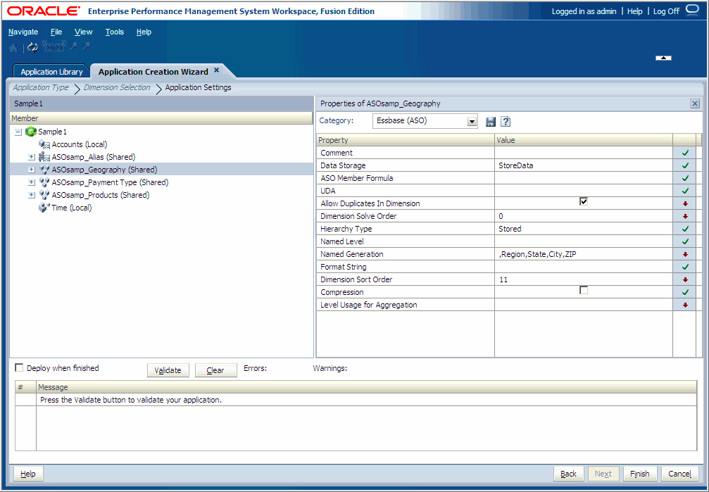 The application wizard shows the application dimensions and members on the left and the Property Grid on the right.