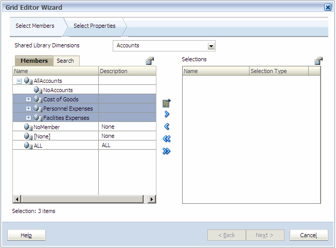 Selecting members in the Grid Editor Wizard