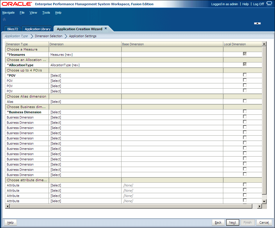 Dimension Selection step in the Application Wizard is used to select model dimensions.