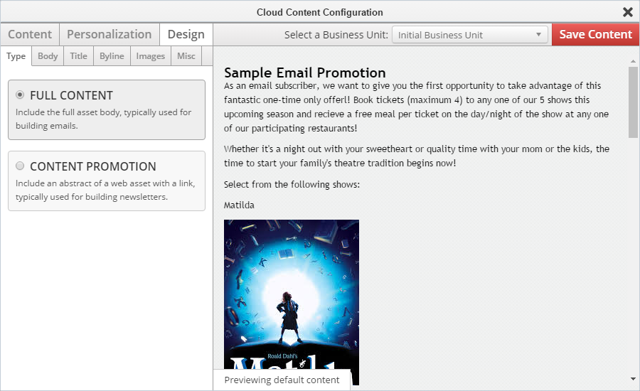 「Design」タブが選択された状態の「Cloud Content Configuration」ウィンドウのイメージです。
