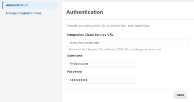 Eloquaアプリケーション用Integration Cloud Serviceの構成ウィンドウのイメージです。