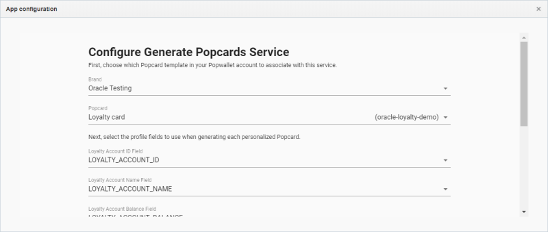 Screenshot des Dialogfeldes "Configure Generate Popcards Service"