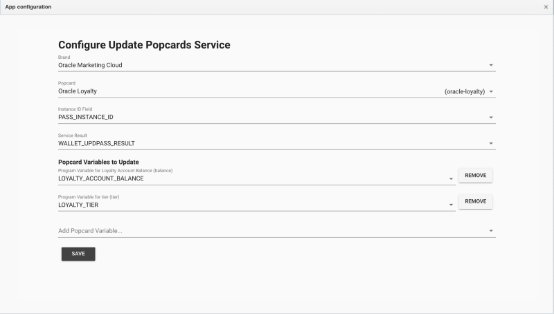 Screenshot des Dialogfelds "Configure Update Popcards Service app configuration"