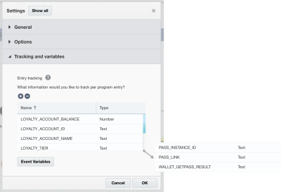 Screenshot, der die Eintragstrackingvariablen darstellt, die für ein Poployalty-Programm festgelegt werden müssen