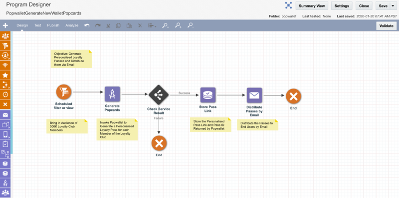Screenshot der Programmdesigner-Leinwand für ein Beispielprogramm, das Popwallet-Treuepasslinks generiert und an Kunden sendet