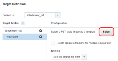 Imagen que muestra una nueva tabla de extensiones de perfil como la tabla de destino y las opciones de configuración para la nueva tabla de extensiones de perfil