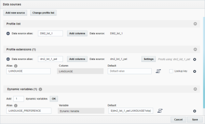 Captura de pantalla que muestra el cuadro de diálogo Orígenes de datos con la variable dinámica LANGUAGE_PREFERENCES configurada y donde se ha agregado la tabla de extensiones de perfil con la preferencia de idioma.