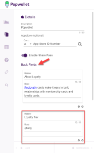 Captura de pantalla de la configuración del pase de Popwallet para Apple Wallet