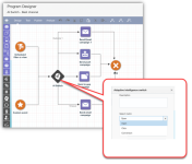 Captura de pantalla del conmutador de AI en el diseñador de programas y el cuadro de diálogo de configuración