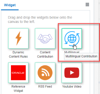 Capture d'écran de la palette Widget avec le widget Contribution multilingue sélectionné