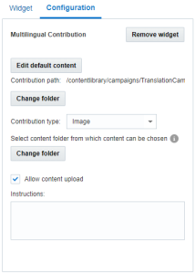 Capture d'écran de la configuration du widget Contribution multilingue, pour une contribution d'image