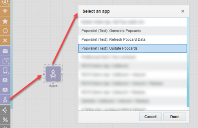Capture d'écran du processus d'ajout d'une phase Applications dans le canevas du programme et de la sélection de l'application Popwallet : Update Popcards