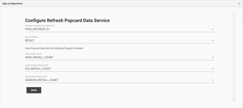 Capture d'écran de la boîte de dialogue de configuration d'application Configure Refresh Popcards Data Service