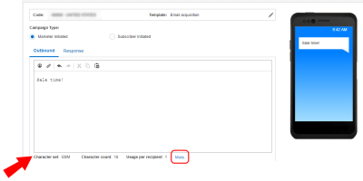 Image présentant le concepteur de messages SMS et mettant en évidence les informations sur les caractères.