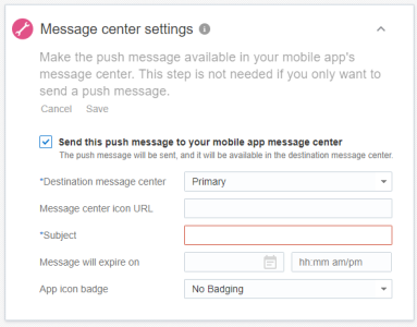 Immagine del pannello Impostazioni centro messaggi