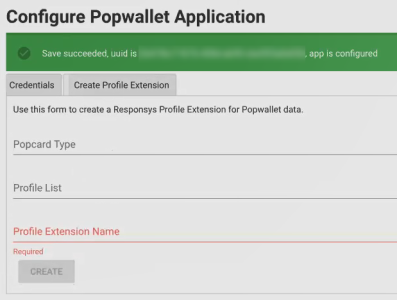 Popwalletデータを保持するためのPETを作成する、「Configure Popwallet Application」ページ、「プロファイル拡張の作成」タブのスクリーンショット。