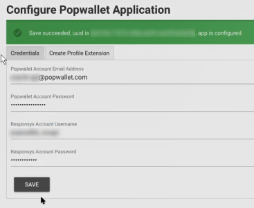 構成が正常に保存された後の「Configure Popwallet Application」ページを示すスクリーンショット