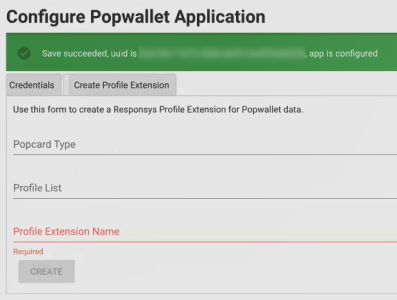 Popwallet 데이터를 포함할 PET를 생성할 수 있는 Popwallet 애플리케이션 구성 페이지, 프로파일 확장 생성 탭 스크린샷