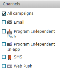 Captura de tela mostrando o seletor de canais de campanha da página Calendário da Campanha.