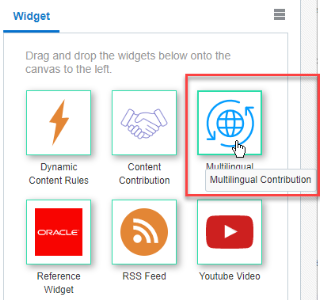 Captura de tela mostrando a paleta Widget com o widget Contribuição Multilíngue em destaque