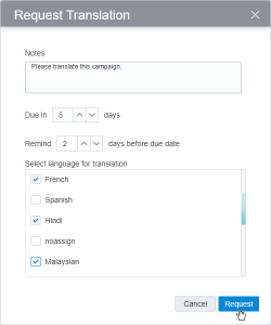 Captura de tela mostrando a caixa de diálogo Solicitar Tradução.