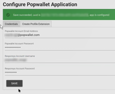 Снимок экрана со страницей "Настройка приложения Popwallet" после успешного сохранения конфигурации