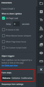 图像显示“Interactions（交互）”面板，其中高亮显示了“Form steps（表单步骤）”部分
