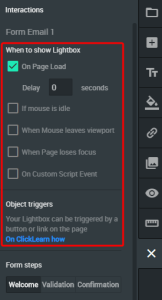 图像显示“Interactions（交互）”面板，其中高亮显示了“When to show Lightbox（何时显示 Lightbox）”部分
