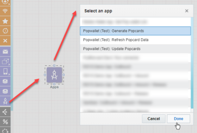 屏幕截图显示如何为“App（应用程序）”阶段选择“Generate Popcards（生成 Popcard）”服务。