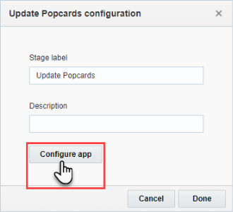屏幕截图显示“Update Popcards configuration（更新 Popcard 配置）”阶段对话框