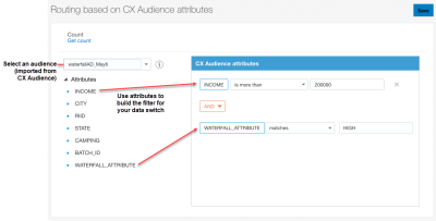 顯示如何依據 CX Audience 屬性設定方案資料切換條件之遞送方式的螢幕擷取畫面。