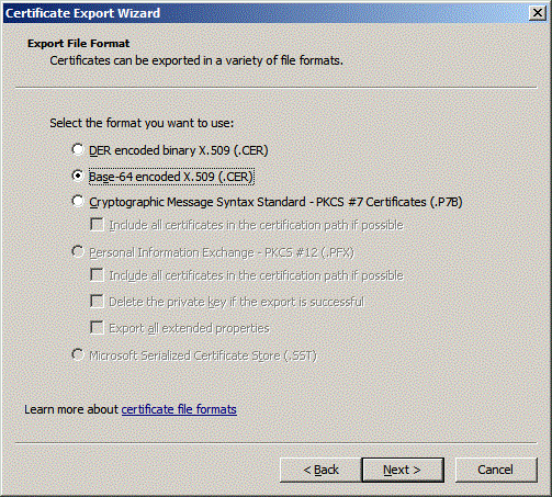 Description of "Figure 2-6 The Certificate Wizard, with Base-64 encoded X.509m(.CER) Selected" follows