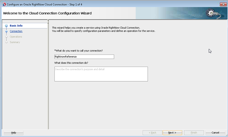 Description of "Figure 3-14 Oracle RightNow Adapter Configuration Wizard Basic Info Screen" follows