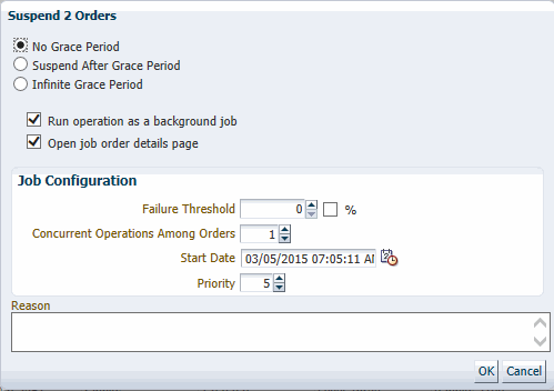 Screenshot of the Suspend Order dialog box.