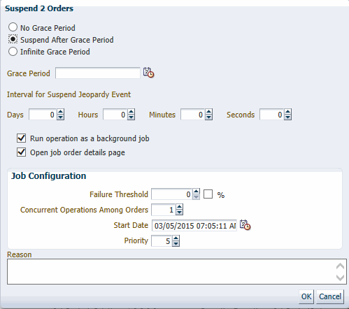 Suspend Order dialog box with grace period fields