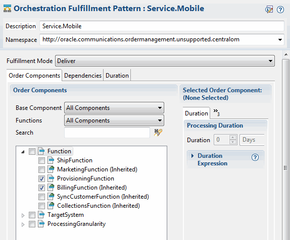 Shows order components defined in product specification