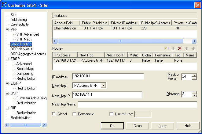 This figure is a screenshot of the Static Routing property page.