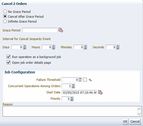Cancel Order dialog box with grace period fields