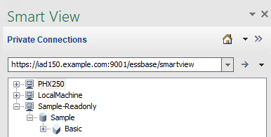 نقاط توصيل خادم Essbase متعددة ضمن عنوان URL مركزي في Smart View. عنوان URL للاتصال الخاص هو https://iad150.example.com:9001/essbase/smartview. يتم تمثيل نقاط التوصيل باستخدام أسماء PHX250 وLocalMachine البديلة. يتم تمثيل المجموعة للقراءة فقط كـ ROcluster (بالتطبيق العينة في الأسفل، يتم توسيعه لعرض قاعدة البيانات الأساسية).
