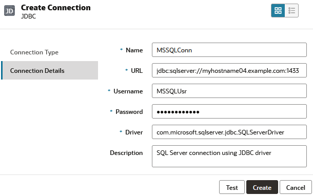 مربع حوار "تكوين اتصال" الخاص باتصال برنامج تشغيل JDBC. الاسم: MSSQLConn، عنوان URL: jdbc:sqlserver://myhostname04.example.com:1433، المستخدم: MSSQLUsr، كلمة المرور: (محجوبة)، برنامج التشغيل: com.microsoft.sqlserver.jdbc.SQLServerDriver، الوصف: اتصال SQL Server باستخدام برنامج تشغيل JDBC
