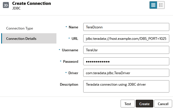 مربع حوار "تكوين اتصال" الخاص باتصال برنامج تشغيل JDBC. الاسم: TeraDconn، عنوان URL: jdbc:teradata://host.example.com/DBS_PORT=1025، المستخدم: TeraUsr، كلمة المرور: (محجوبة)، برنامج التشغيل: com.teradata.jdbc.TeraDriver، الوصف: اتصال Teradata باستخدام برنامج تشغيل JDBC