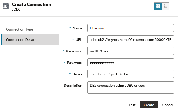Dialogové okno Vytvořit připojení pro připojení ovladače JDBC. Název: DB2conn, URL: jdbc:db2://myhostname02.example.com:50000/TBC, Uživatel: myDB2User, Heslo: (skryté), Ovladač: com.ibm.db2.jcc.DB2Driver, Popis: Připojení k DB2 pomocí ovladače JDBC